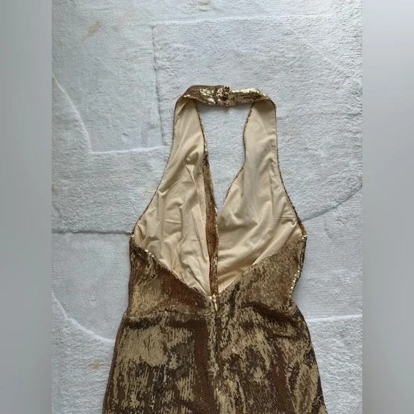 Gold Backless Halter Sequin Jumpsuit, S - Picture 7 of 7